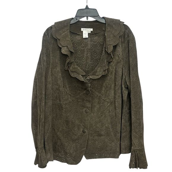 Coldwater Creek Suede Leather Jacket Size 2X Eyelet Ruffle Neck Y2K Boho Green - Picture 1 of 6